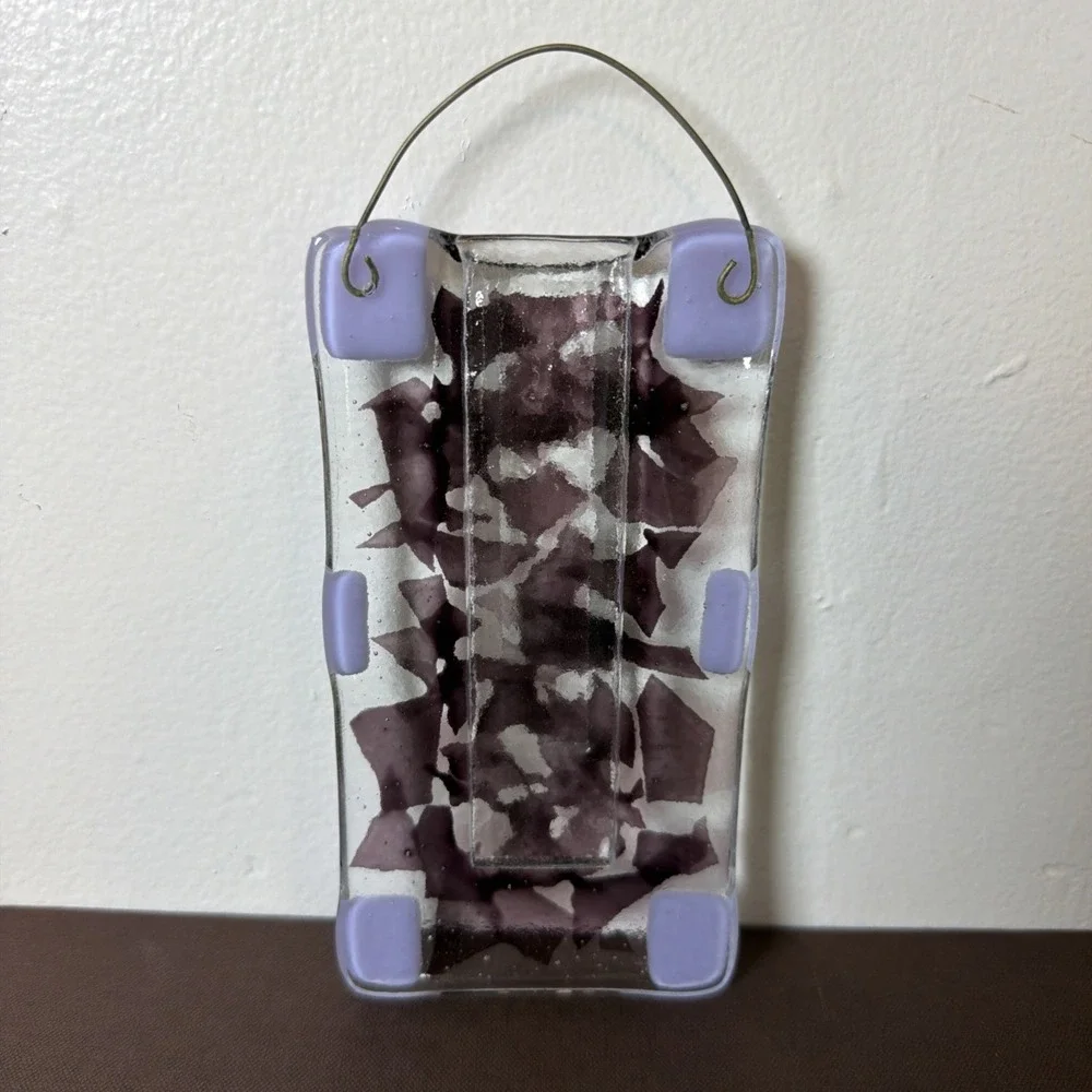 Fused Glass Wall Pocket Vase Abstract Purple Design Handmade